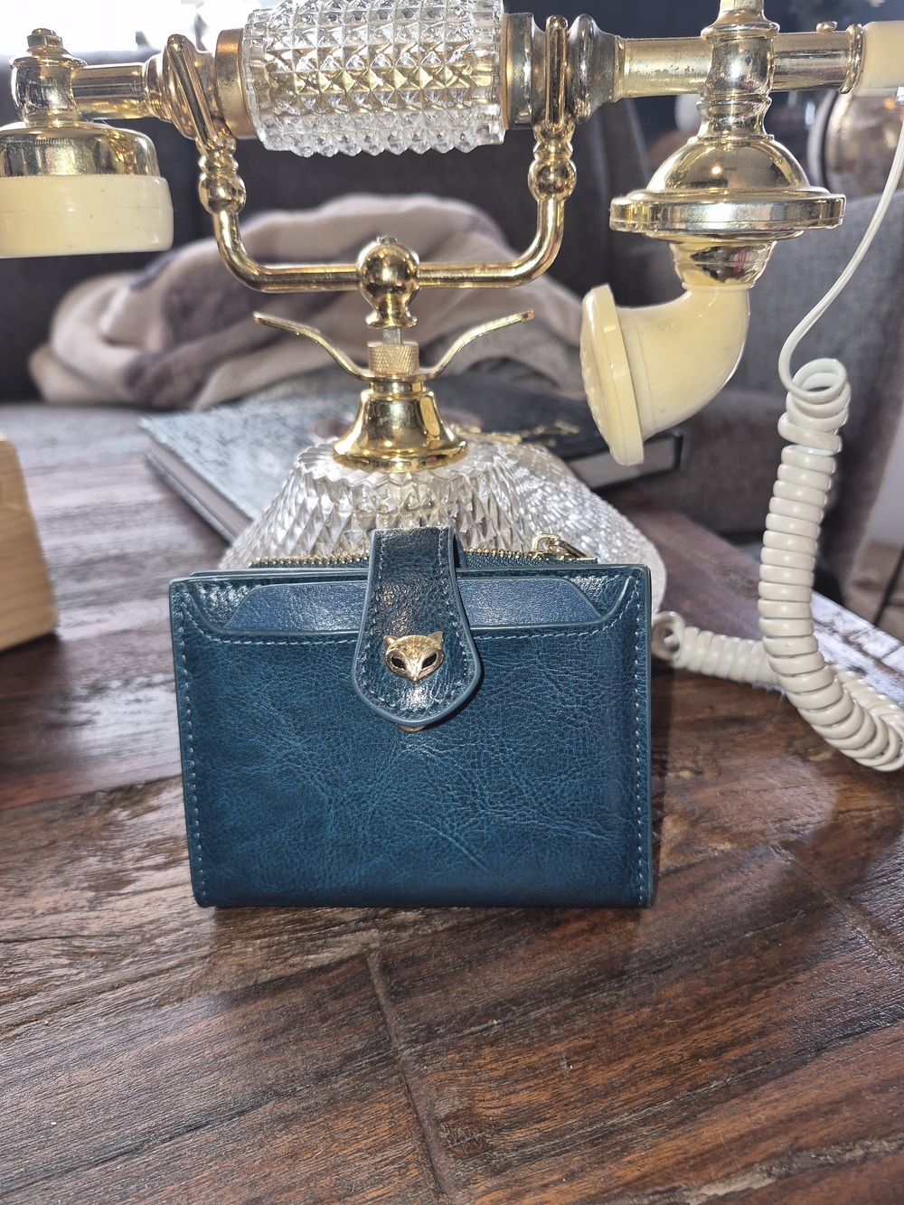 Fox Love Teal Leather Compact Wallet with Fox Emblem